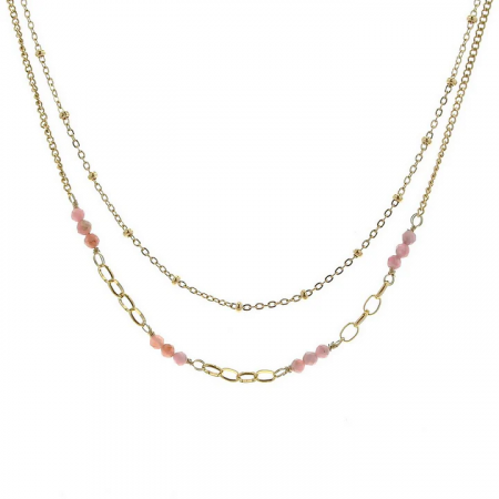 Collier Femme – Double rangs en acier & rhodonite naturelle