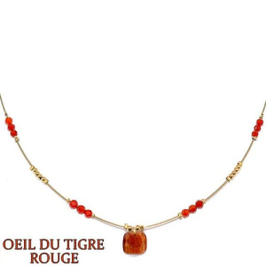 Collier Femme – Œil du Tigre Rouge & Acier Doré