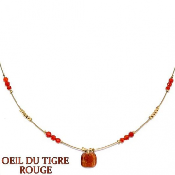 Collier Femme – Œil du Tigre Rouge & Acier Doré