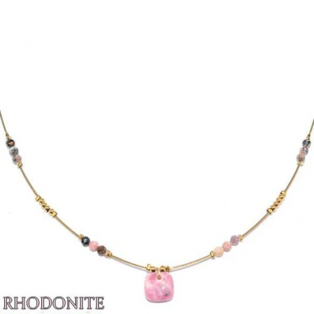 Collier Femme – Rhodonite Rose & Acier Doré