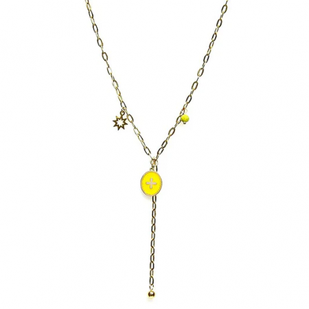Collier Médaille Croix – Acier Inoxydable & Pierre Moutarde