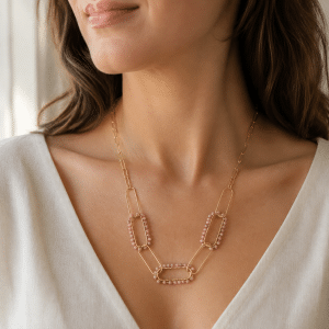 Collier Multiliens Acier Inoxydable Pierres Naturelles Rhodonite porté par une femme