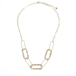 Collier Multiliens Acier Inoxydable Pierres Naturelles Rhodonite