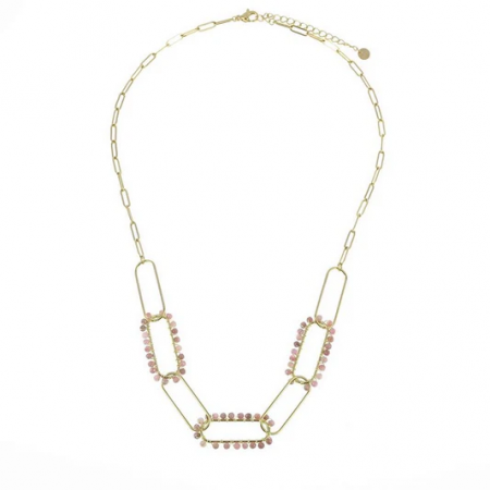 Collier Multiliens Acier Inoxydable Pierres Naturelles Rhodonite