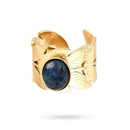 Bague Acier Doré Feuille Pierre Naturelle Lapis Lazuli