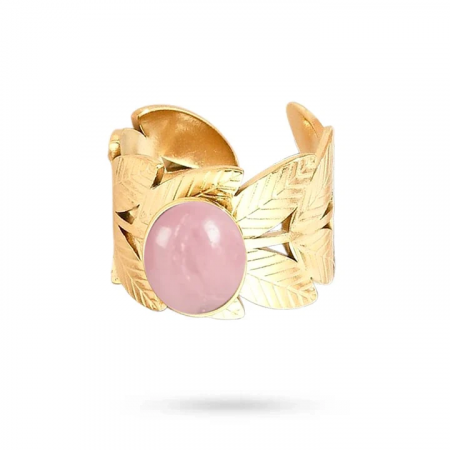 Bague Acier Doré Feuille Pierre Naturelle Rhodonite