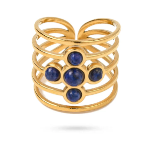 Bague Acier Doré Quatre Pierres Naturelles Lapis Lazuli