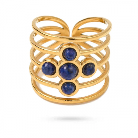 Bague Acier Doré Quatre Pierres Naturelles Lapis Lazuli