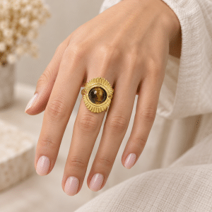 Bague Acier Doré ovale Pierre Naturelle Oeil de Tigre portée par une femme