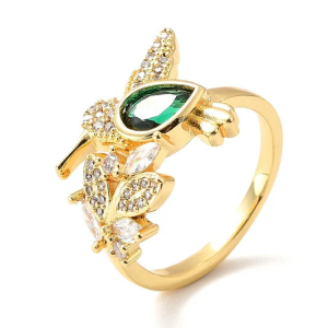 Bague Femme Oiseau & Zirconium Vert – Plaqué Or