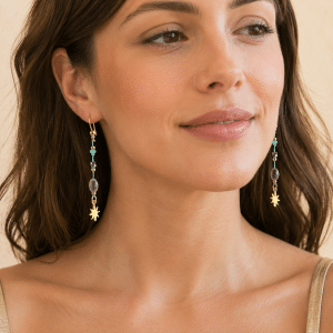 Boucles d’Oreilles Etoile Tombantes Pierre Turquoise d’Afrique portées par une femme