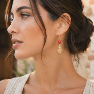 Boucles d’Oreilles Orientales Dorées – Pierre Naturelle Rouge