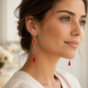Boucles d’Oreilles Pompon & Gemme Rouge