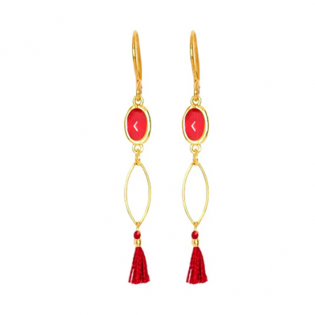 Boucles d’Oreilles Pompon & Gemme Rouge