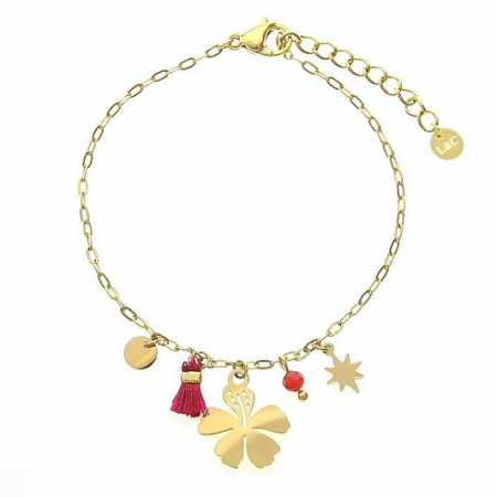 Bracelet Acier Pétales Pierre Naturelle Agate Rouge