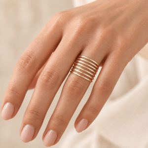Bague Femme 7 Rangs – Acier Inoxydable Doré portée par une femme