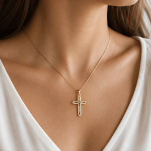 Collier Croix Multicolore Plaqué Or & Zirconiums Sertis porté par une femme