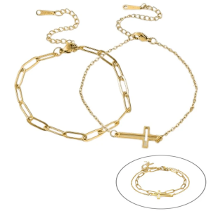 Ensemble 2 Bracelets Croix & Maille Trombone – Plaqué Or