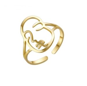 Bague Femme Visage Abstrait Acier Doré