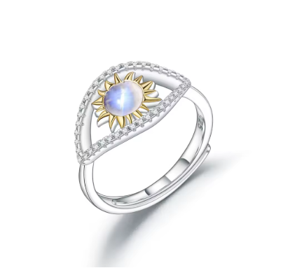 Bague Soleil Pierre de Lune & Zircons en Argent 925
