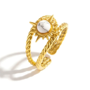 Bague Soleil en Acier Inoxydable Doré et Pierre Naturelle Howlite