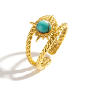 Bague Soleil en Acier Inoxydable Doré et Pierre Naturelle Turquoise