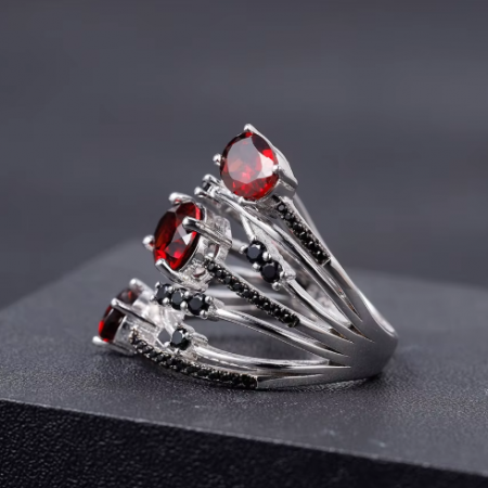 Bague en Argent 925 Grenats et Pierres Noires