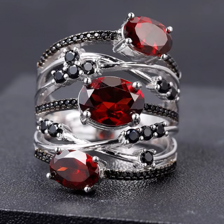 Bague en Argent 925 Grenats et Pierres Noires