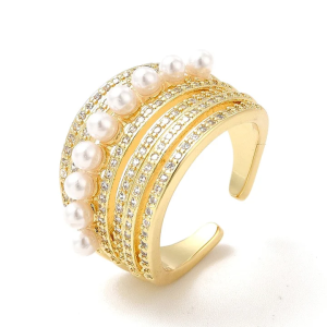Bague femme réglable diamants CZ & perles synthétiques