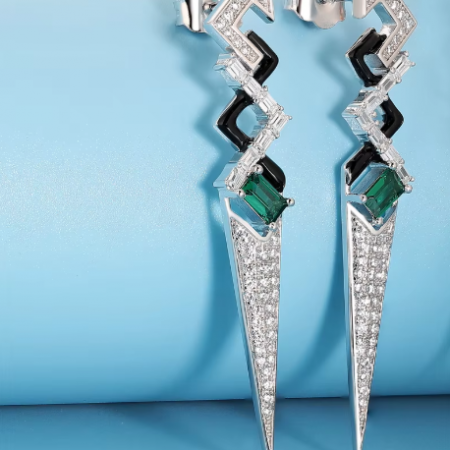 Boucles d’Oreilles Émail Noir et Cristal Vert Argent 925
