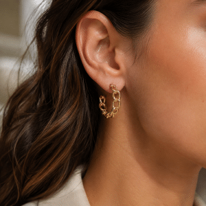 Boucles d’Oreilles Femme Demi-Créoles Chaîne Plaqué Or portées par une femme
