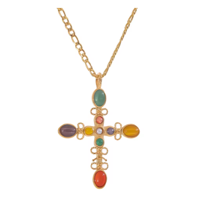 Collier Croix Acier Inoxydable et Pierres Naturelles