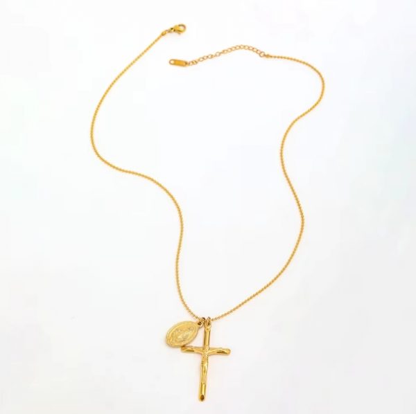 Collier Croix & Médaille Vierge Marie Acier Inoxydable Doré – Image 2