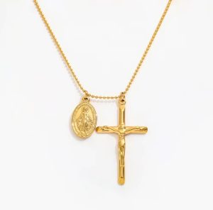 Collier Croix & Médaille Vierge Marie Acier Inoxydable Doré