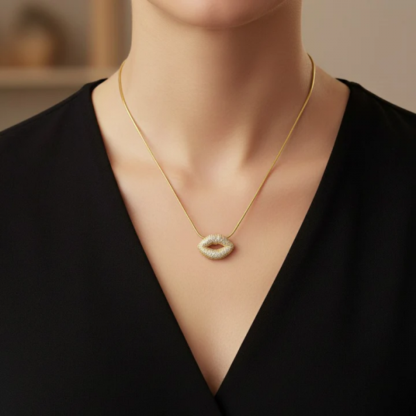 Collier Pendentif Bouche Plaqué Or et Zirconiums – Image 2