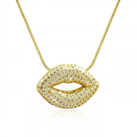 Collier Pendentif Bouche Plaqué Or et Zirconiums