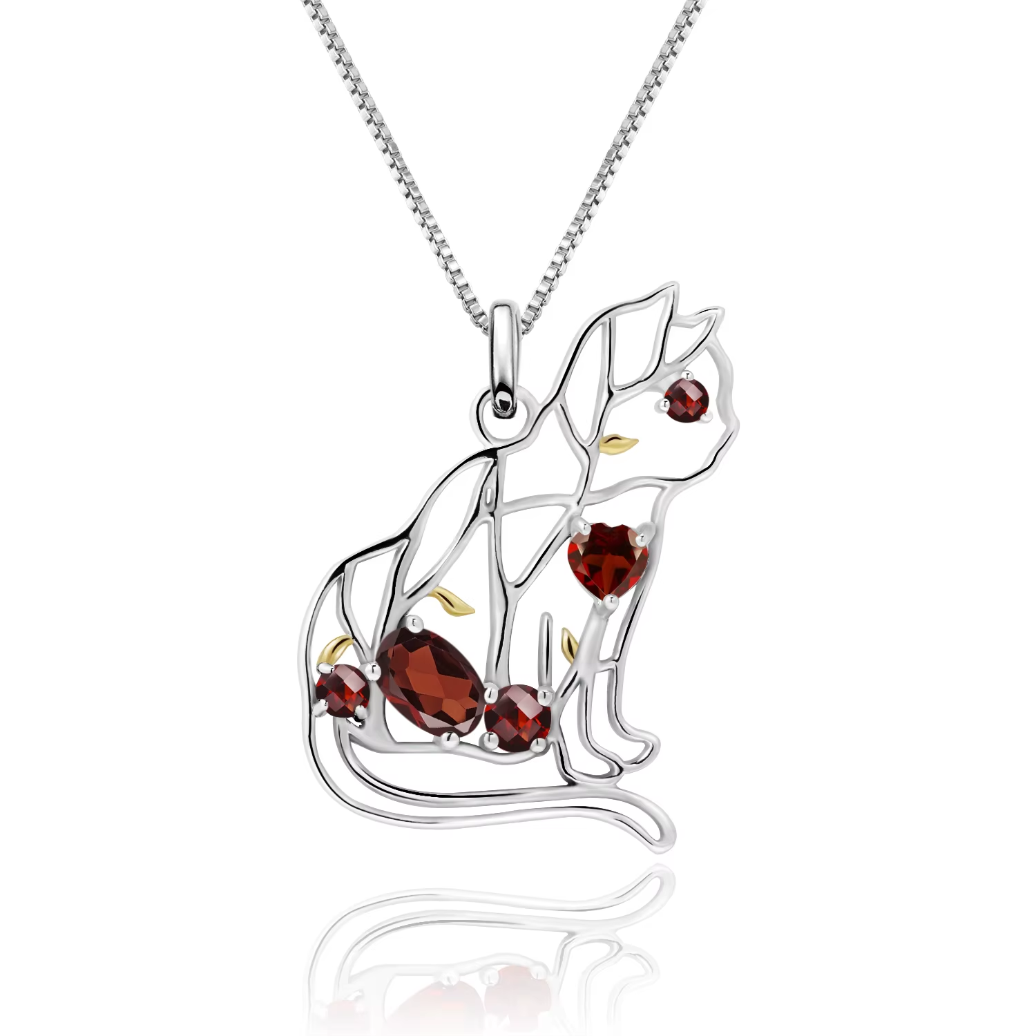 Collier Pendentif Chat Argent 925 et Grenats Naturels
