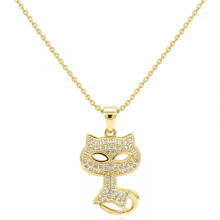 Collier Pendentif Chat Plaqué Or et Zirconiums