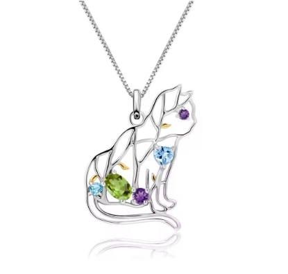 Collier Pendentif Chat en Pierres Naturelles Argent 925