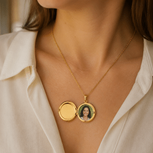 Collier femme Pendentif porte-photo plaqué or porté par une femme