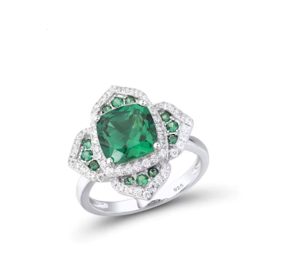 Bague fleur argent 925 spinelle verte et zirconiums blancs