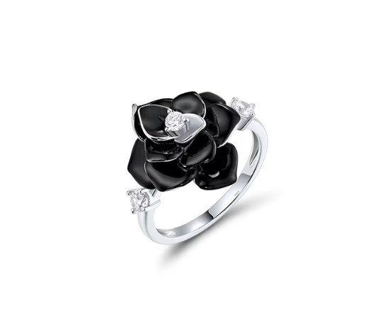Bague fleur noire argent 925, émail et zirconiums blancs