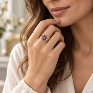 Bague réglable acier inoxydable et Améthyste portée par une femme