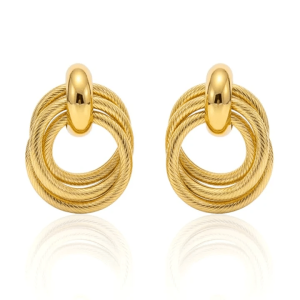 Boucles d’Oreilles Triple Cercle Texturé Acier Inoxydable Doré