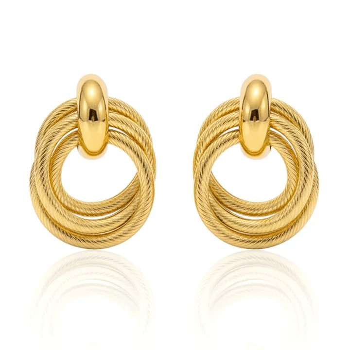 Boucles d’Oreilles Triple Cercle Texturé Acier Inoxydable Doré
