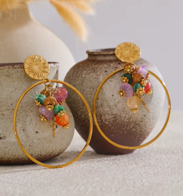 Boucles d’oreilles pendantes en acier doré pierres naturelles Boucles d’oreilles pendantes en acier doré pierres naturelles – Image 3