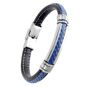 Bracelet Homme Acier 316L & Cuir Noir et Bleu