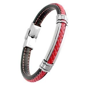 Bracelet Homme Acier 316L & Cuir Noir et Rouge