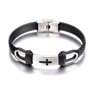 Bracelet Homme Acier & Cuir Croix Noire