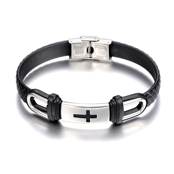Bracelet Homme Acier & Cuir Croix Noire